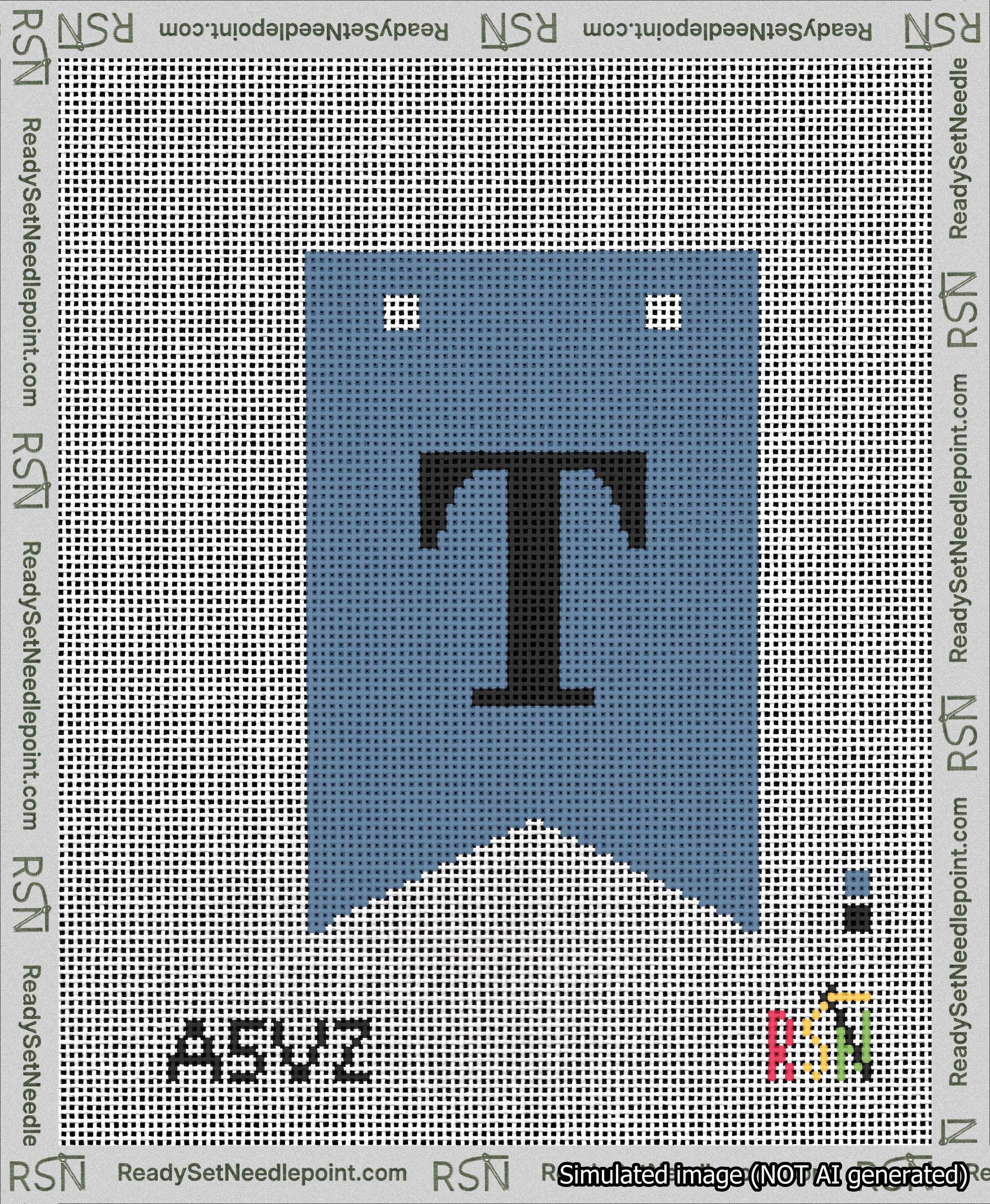 A taped needlepoint canvas with the design: Banner 13 mesh count Forked T Black on Blue.