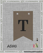 A taped needlepoint canvas with the design: Banner 13 mesh count Forked T Black on Brown.