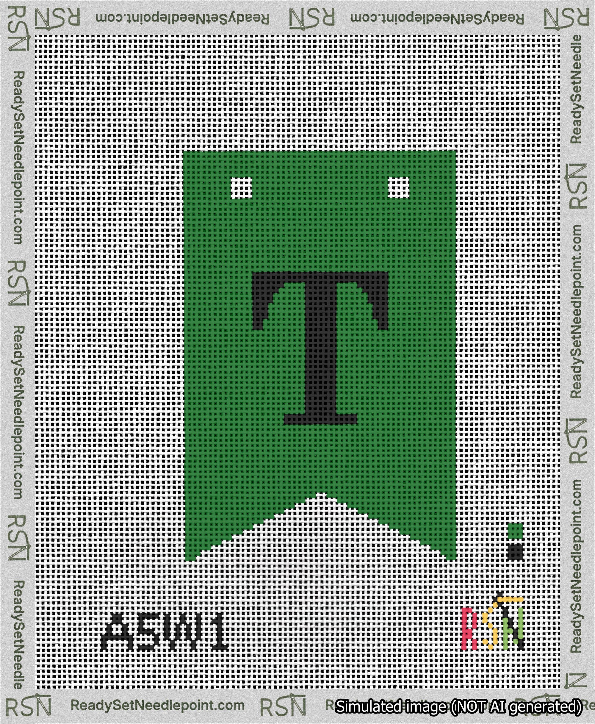 A taped needlepoint canvas with the design: Banner 13 mesh count Forked T Black on Green.