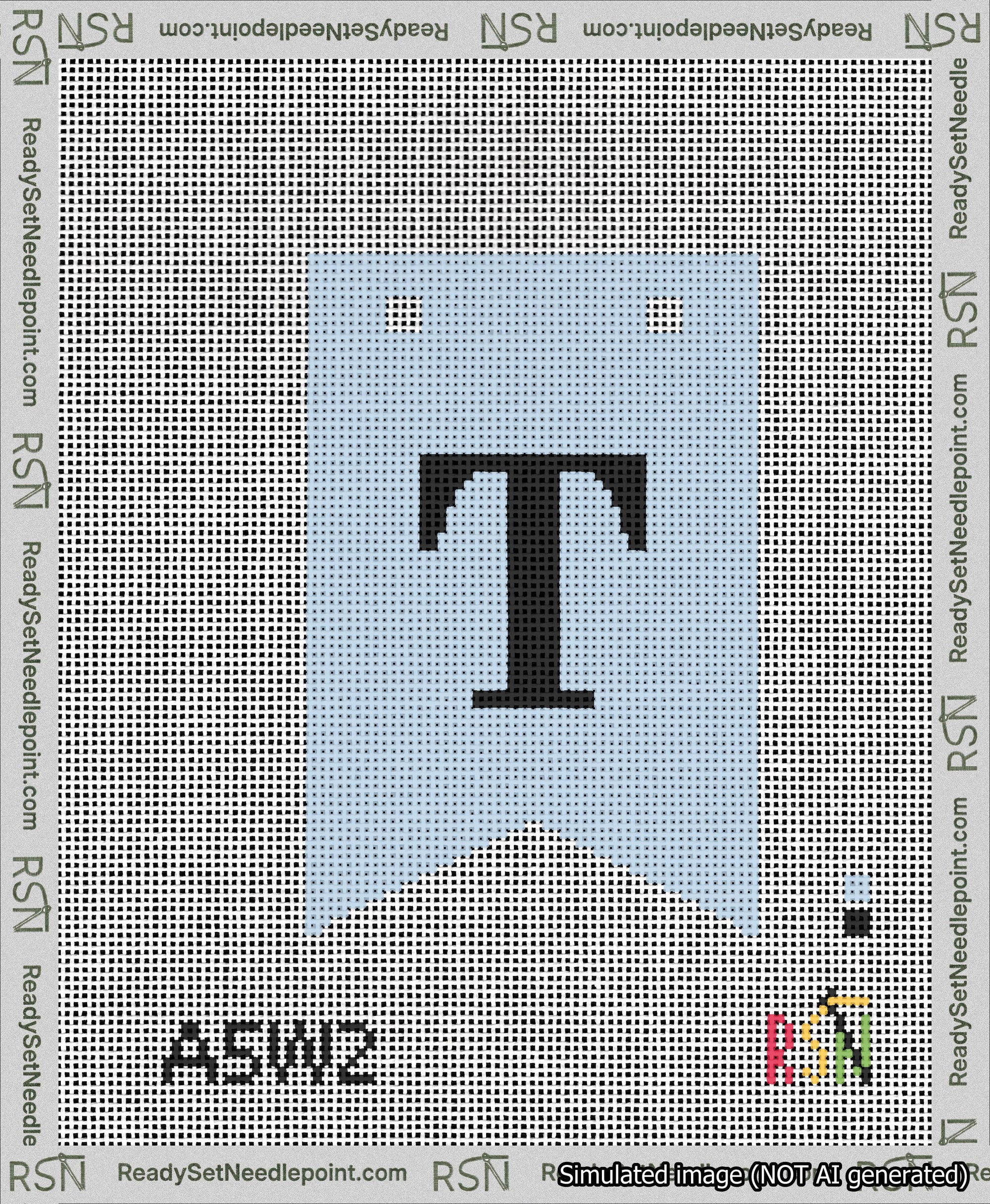 A taped needlepoint canvas with the design: Banner 13 mesh count Forked T Black on Light Blue.