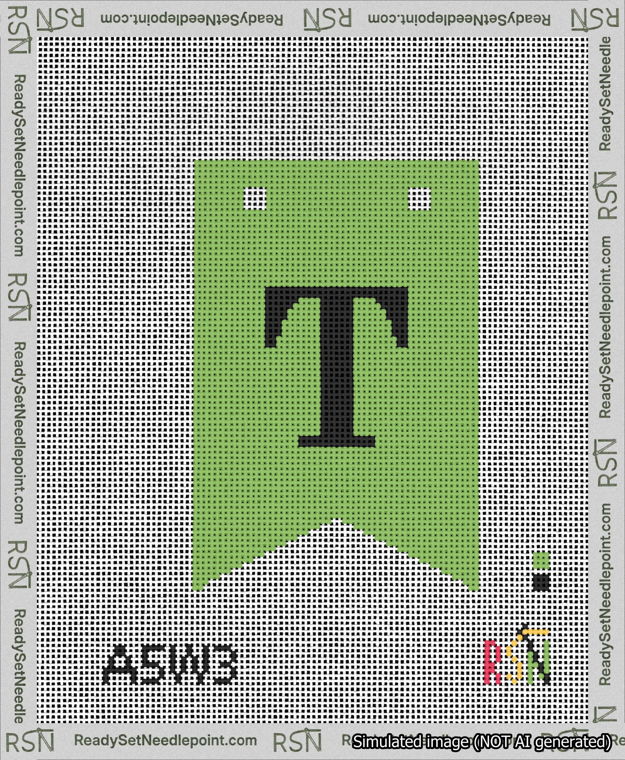 A taped needlepoint canvas with the design: Banner 13 mesh count Forked T Black on Light Green.