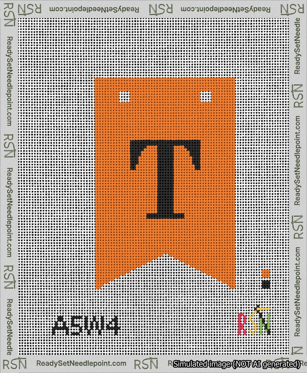 A taped needlepoint canvas with the design: Banner 13 mesh count Forked T Black on Orange.