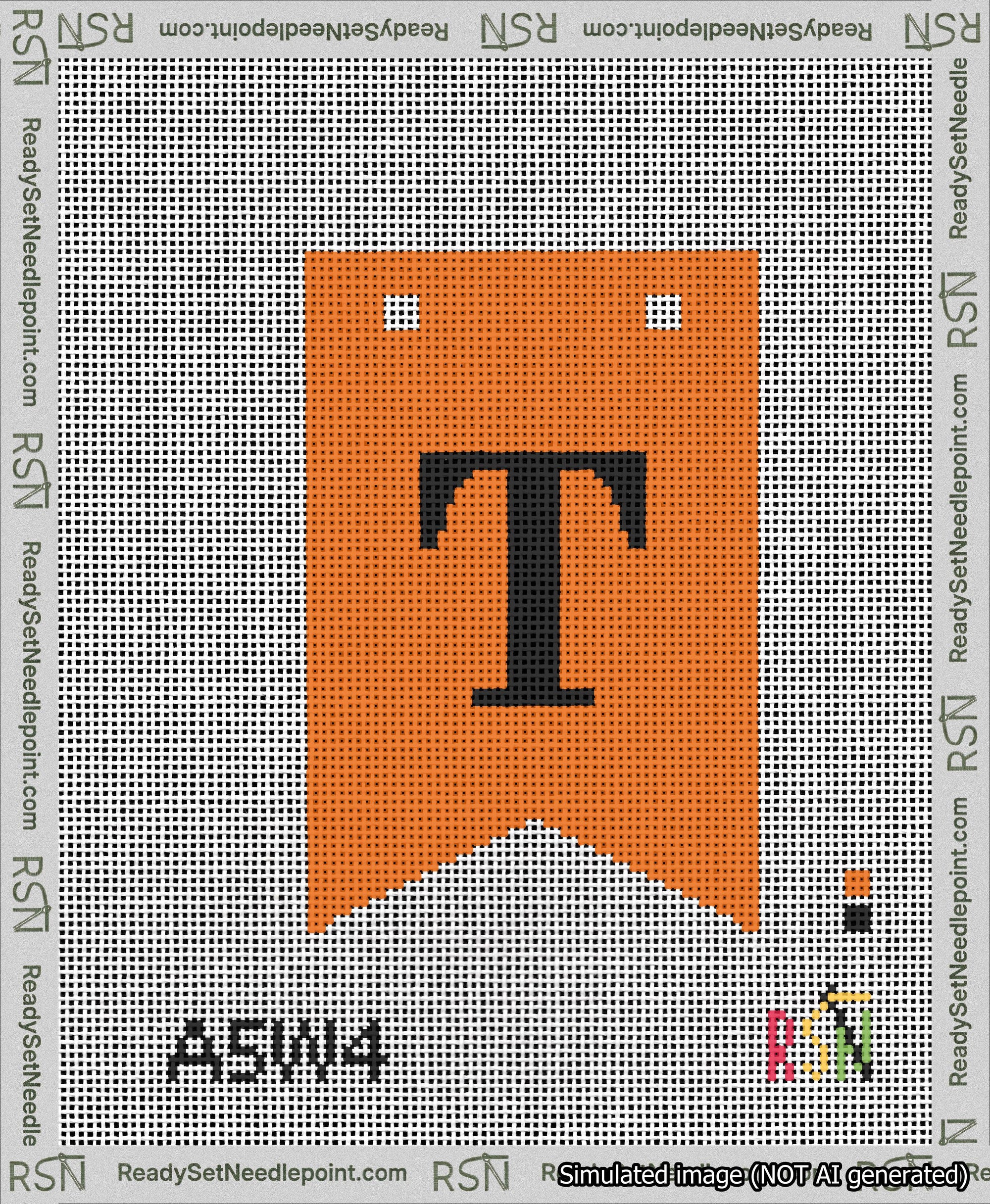 A taped needlepoint canvas with the design: Banner 13 mesh count Forked T Black on Orange.