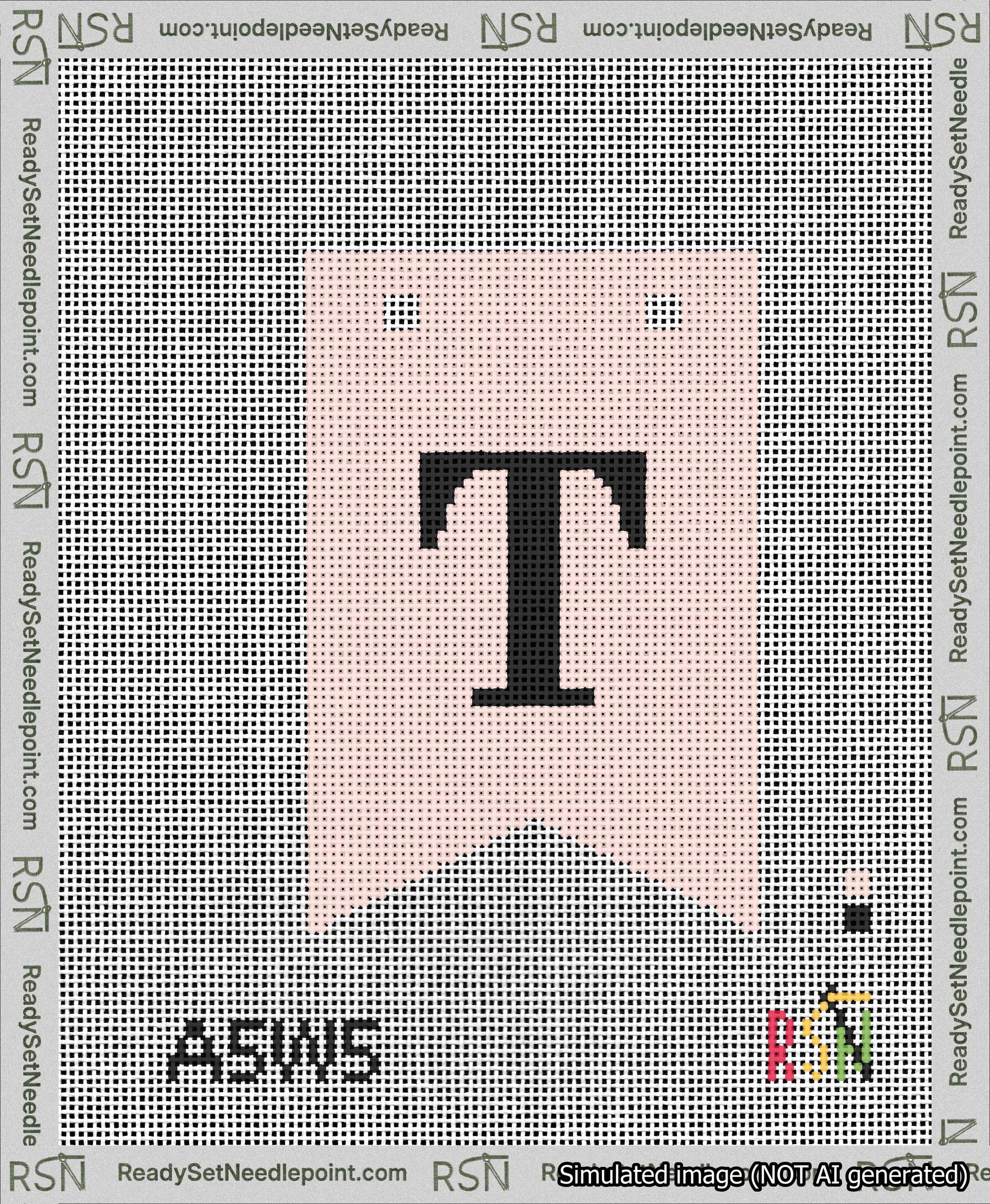A taped needlepoint canvas with the design: Banner 13 mesh count Forked T Black on Pink.