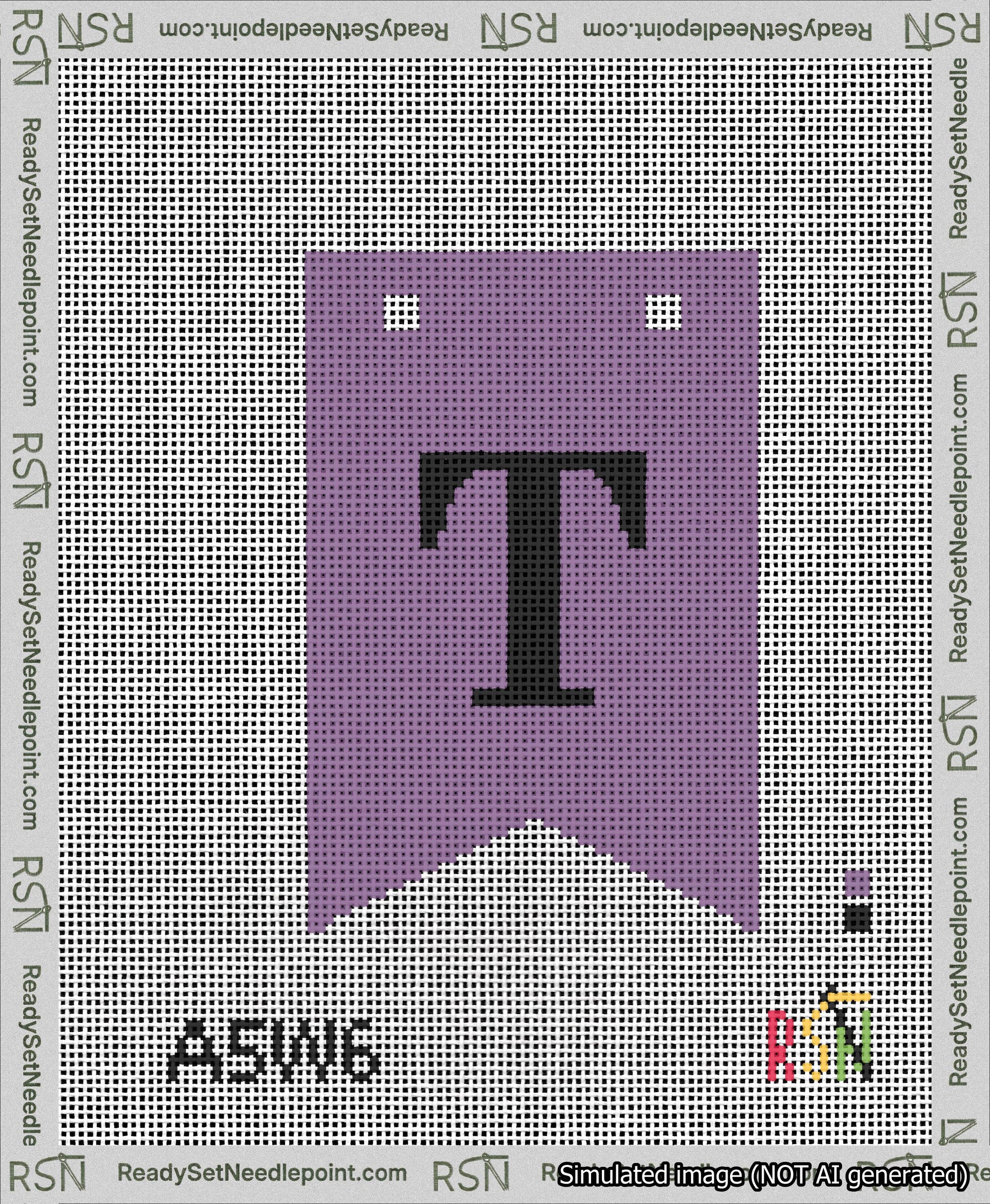 A taped needlepoint canvas with the design: Banner 13 mesh count Forked T Black on Purple.