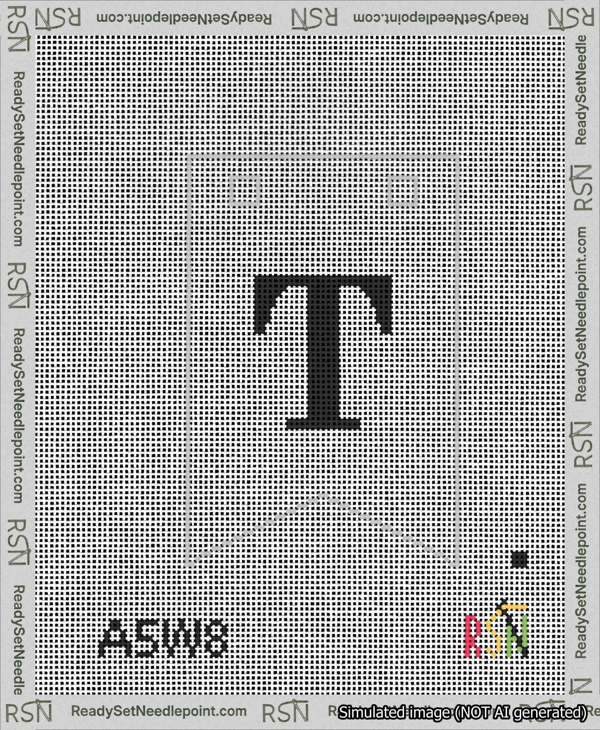 A taped needlepoint canvas with the design: Banner 13 mesh count Forked T Black on White.