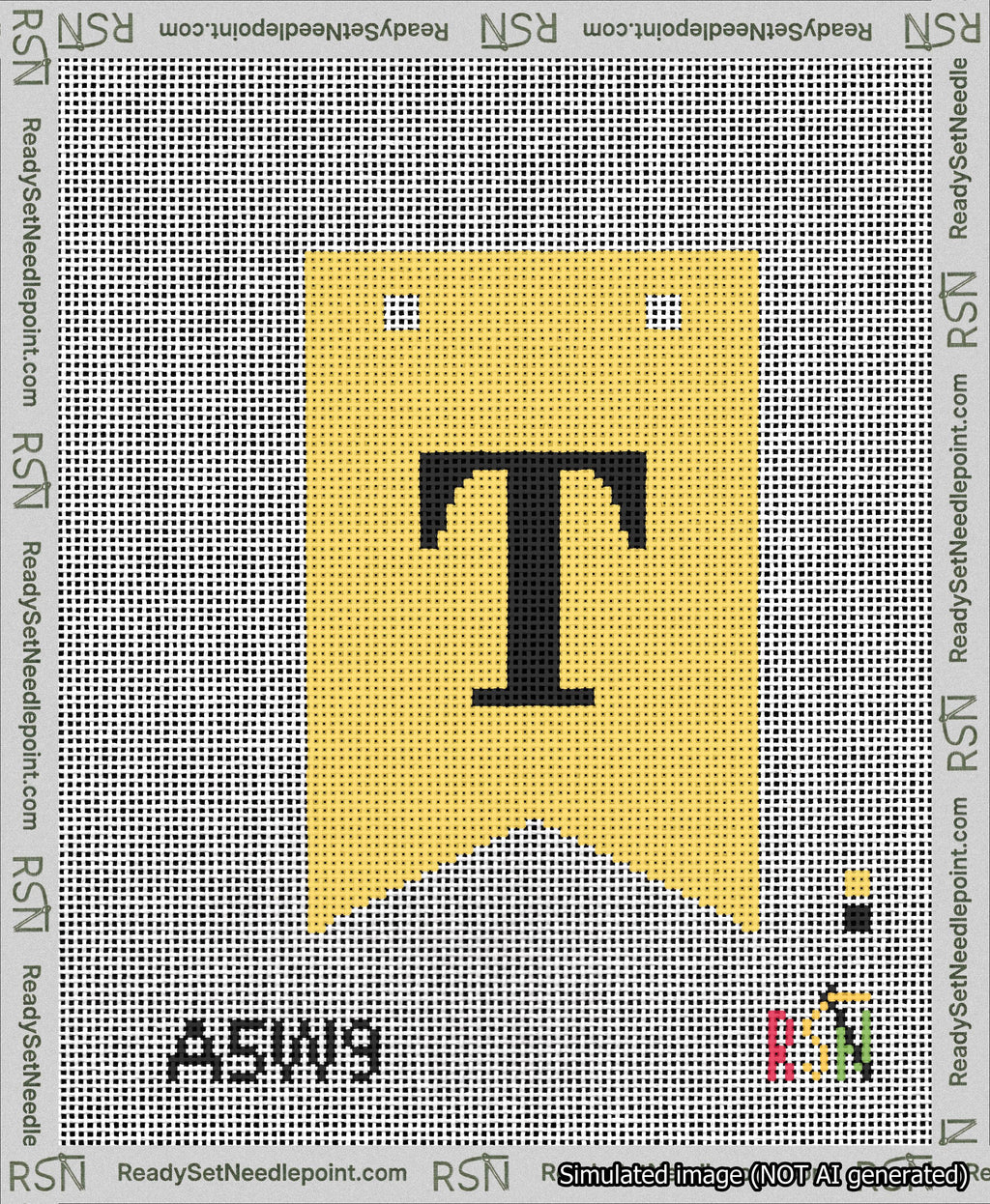 A taped needlepoint canvas with the design: Banner 13 mesh count Forked T Black on Yellow.