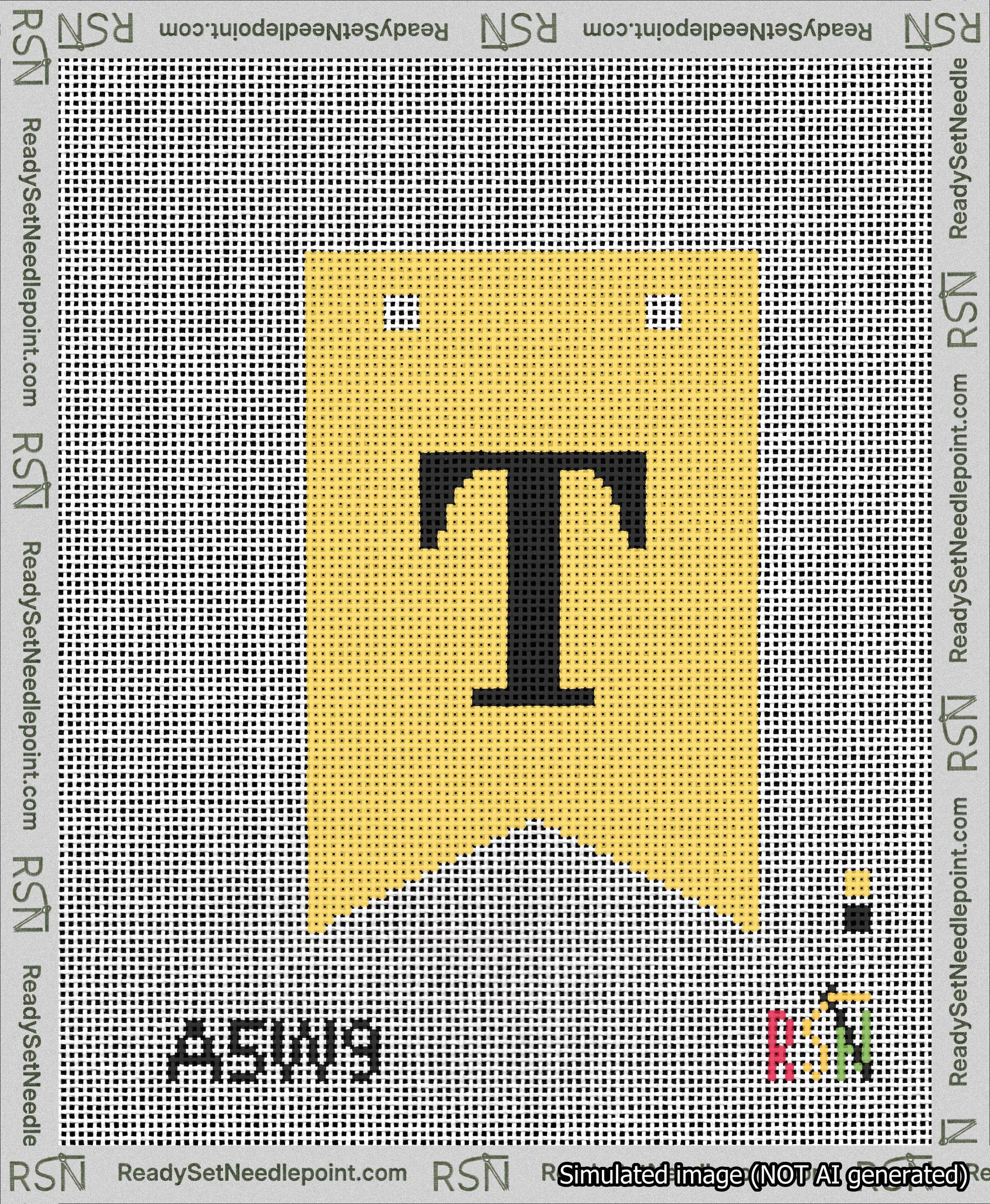 A taped needlepoint canvas with the design: Banner 13 mesh count Forked T Black on Yellow.