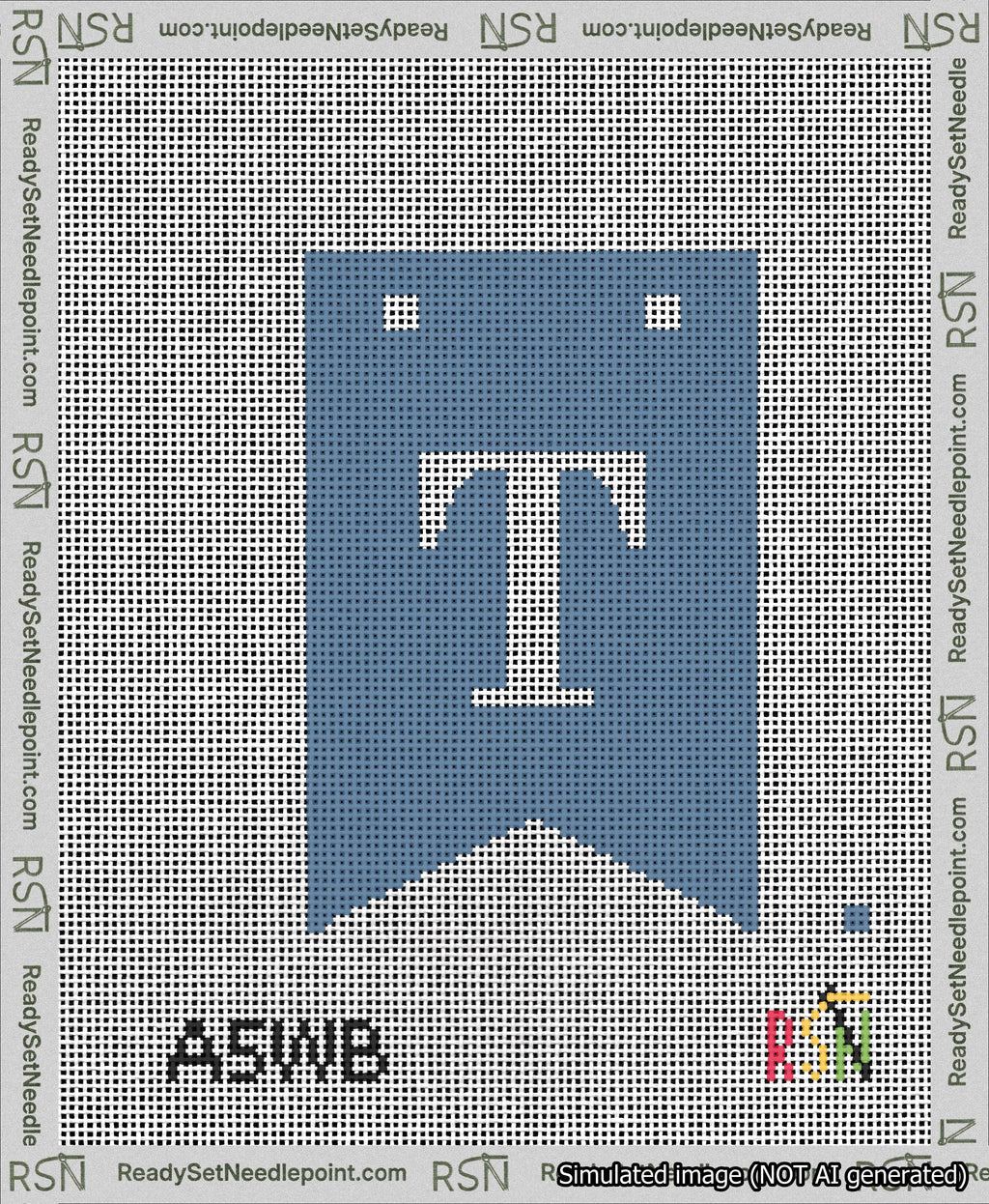 A taped needlepoint canvas with the design: Banner 13 mesh count Forked T White on Blue.