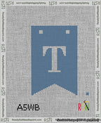 A taped needlepoint canvas with the design: Banner 13 mesh count Forked T White on Blue.