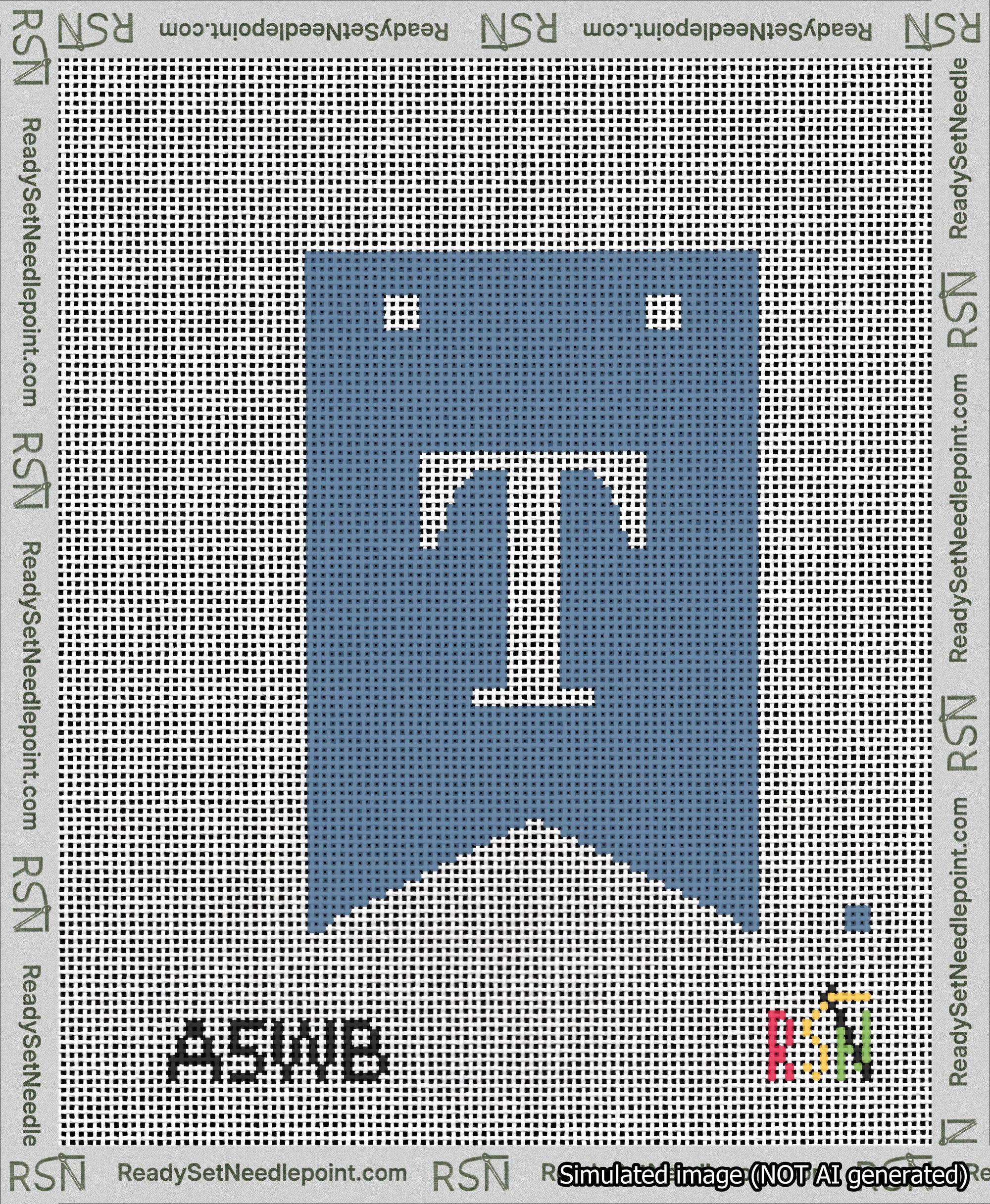 A taped needlepoint canvas with the design: Banner 13 mesh count Forked T White on Blue.