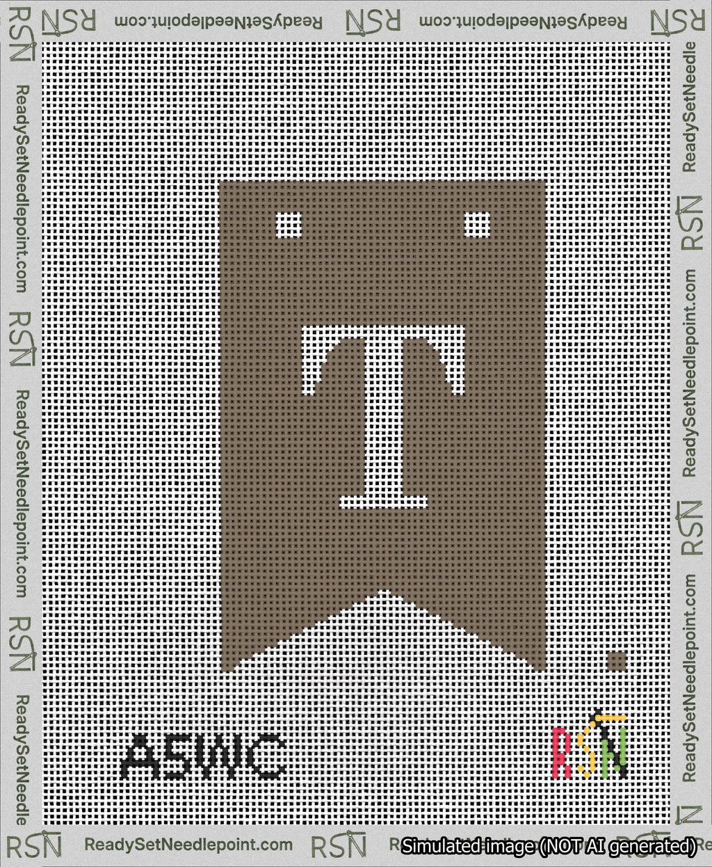A taped needlepoint canvas with the design: Banner 13 mesh count Forked T White on Brown.