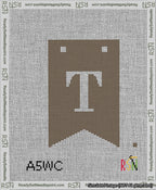 A taped needlepoint canvas with the design: Banner 13 mesh count Forked T White on Brown.