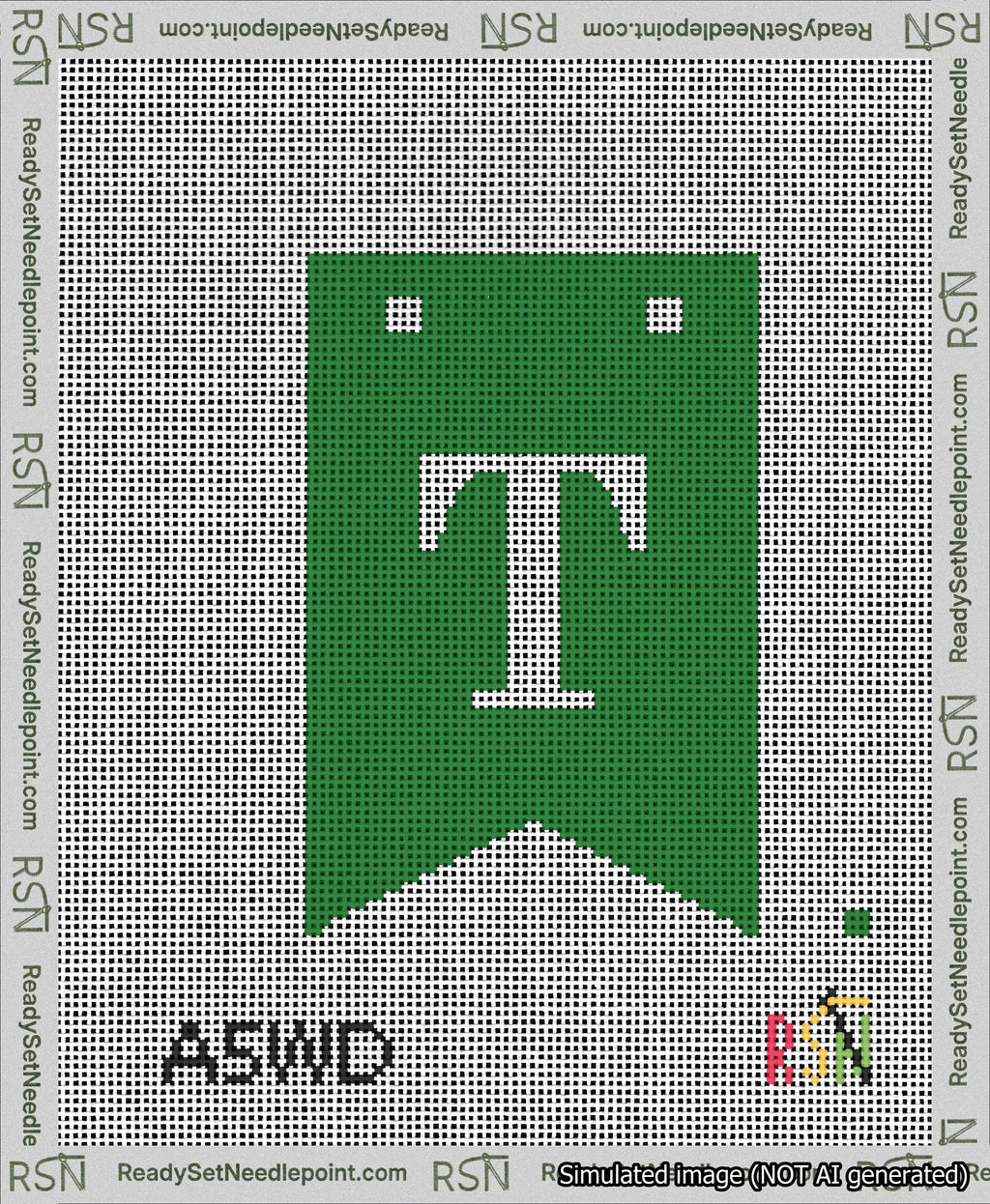 A taped needlepoint canvas with the design: Banner 13 mesh count Forked T White on Green.