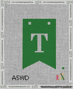 A taped needlepoint canvas with the design: Banner 13 mesh count Forked T White on Green.