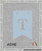 A taped needlepoint canvas with the design: Banner 13 mesh count Forked T White on Light Blue.