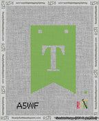 A taped needlepoint canvas with the design: Banner 13 mesh count Forked T White on Light Green.