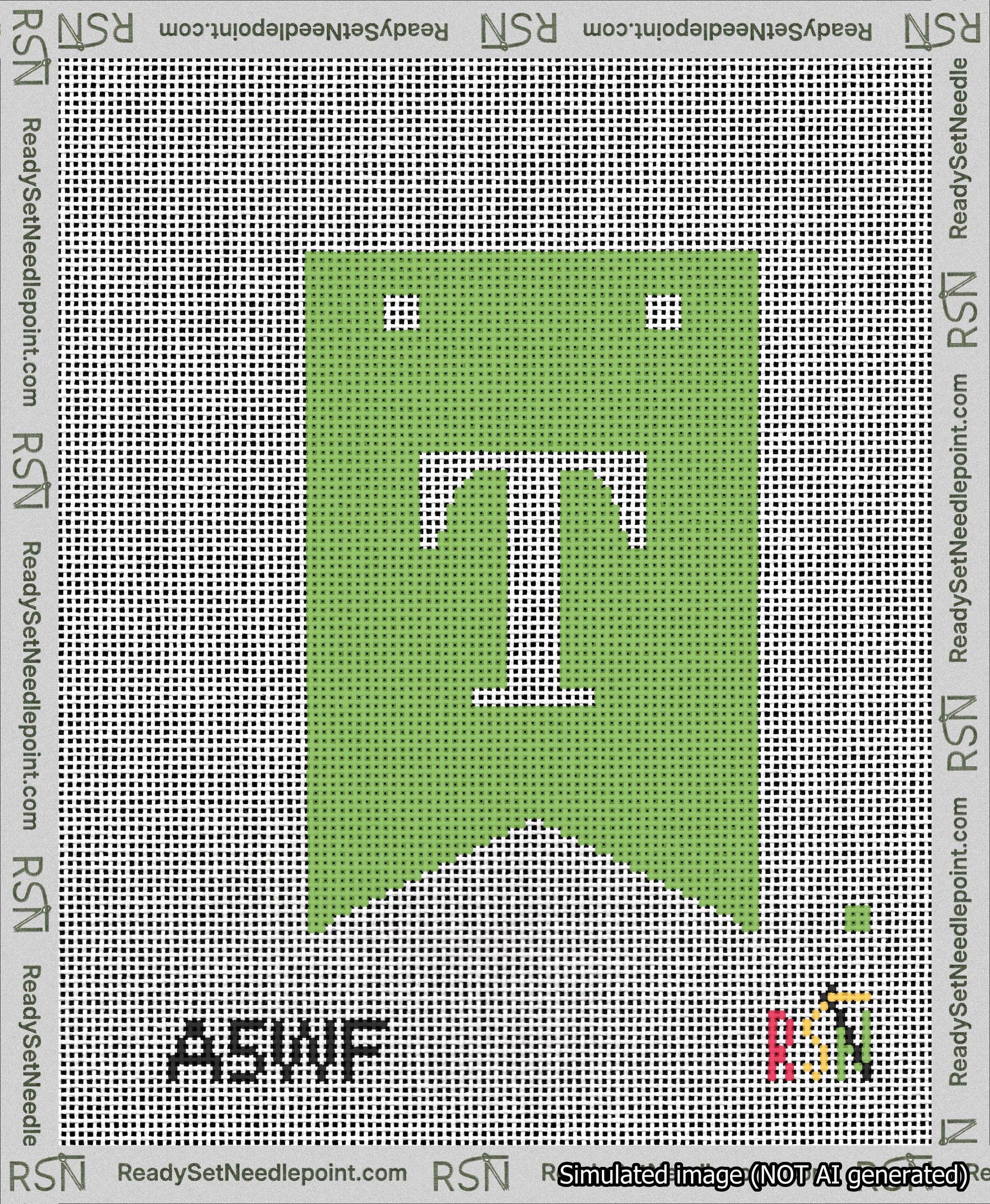 A taped needlepoint canvas with the design: Banner 13 mesh count Forked T White on Light Green.