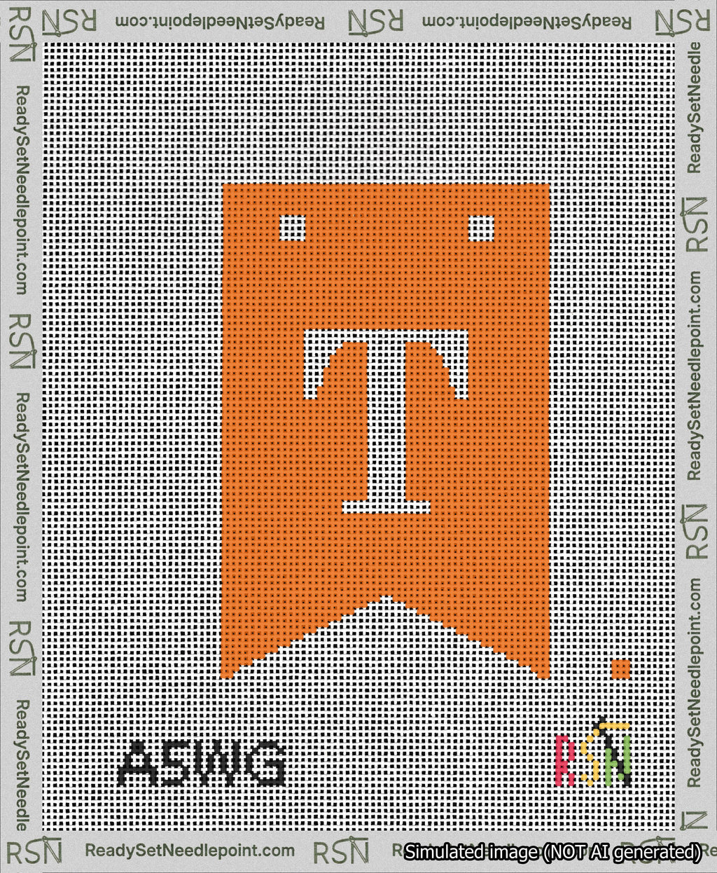 A taped needlepoint canvas with the design: Banner 13 mesh count Forked T White on Orange.