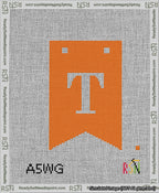 A taped needlepoint canvas with the design: Banner 13 mesh count Forked T White on Orange.
