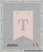 A taped needlepoint canvas with the design: Banner 13 mesh count Forked T White on Pink.