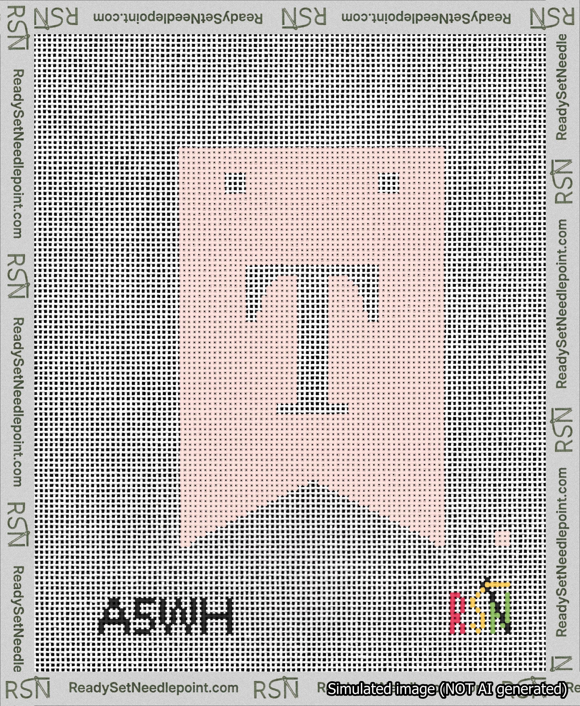 A taped needlepoint canvas with the design: Banner 13 mesh count Forked T White on Pink.