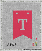 A taped needlepoint canvas with the design: Banner 13 mesh count Forked T White on Red.