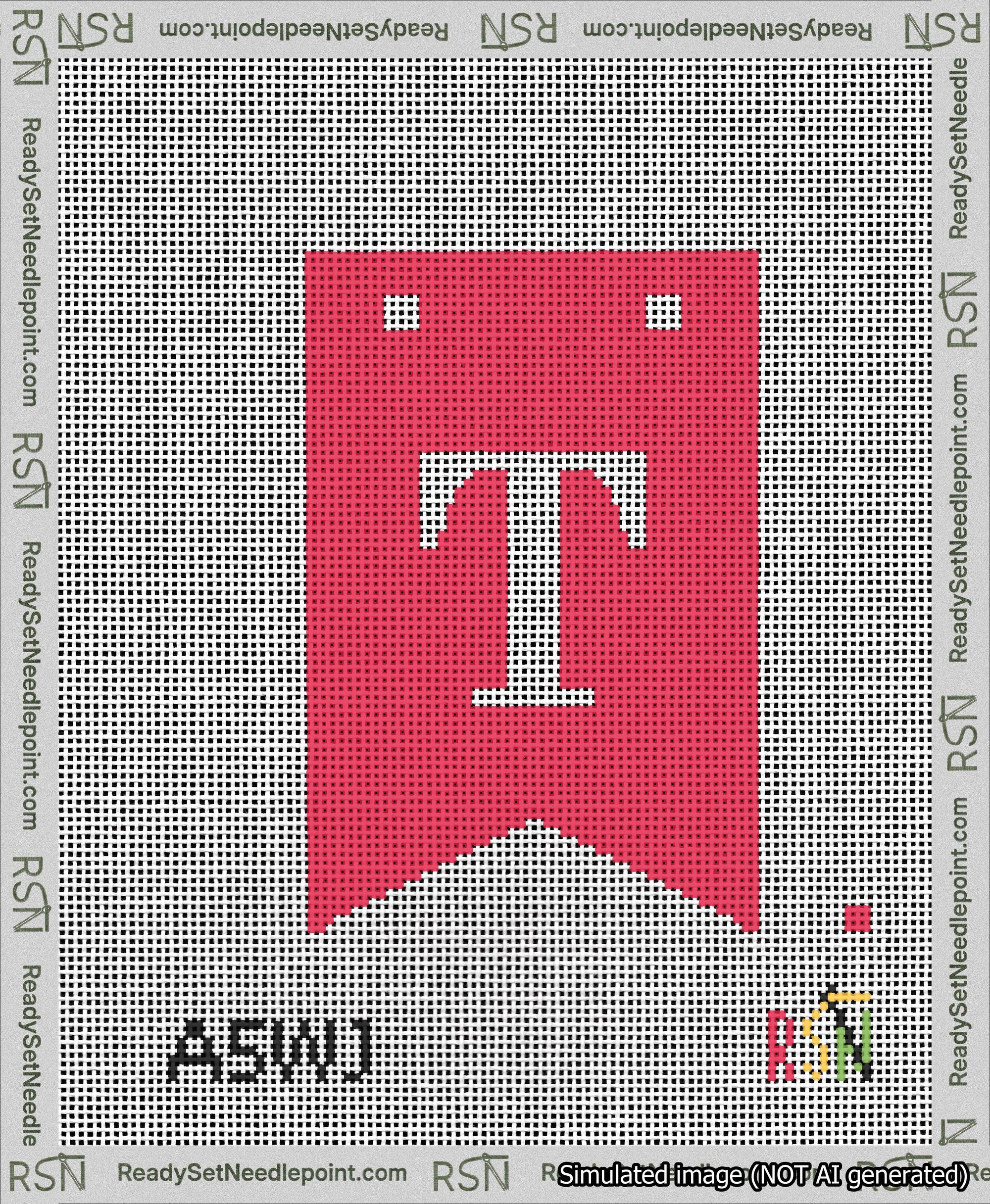 A taped needlepoint canvas with the design: Banner 13 mesh count Forked T White on Red.