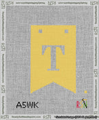 A taped needlepoint canvas with the design: Banner 13 mesh count Forked T White on Yellow.