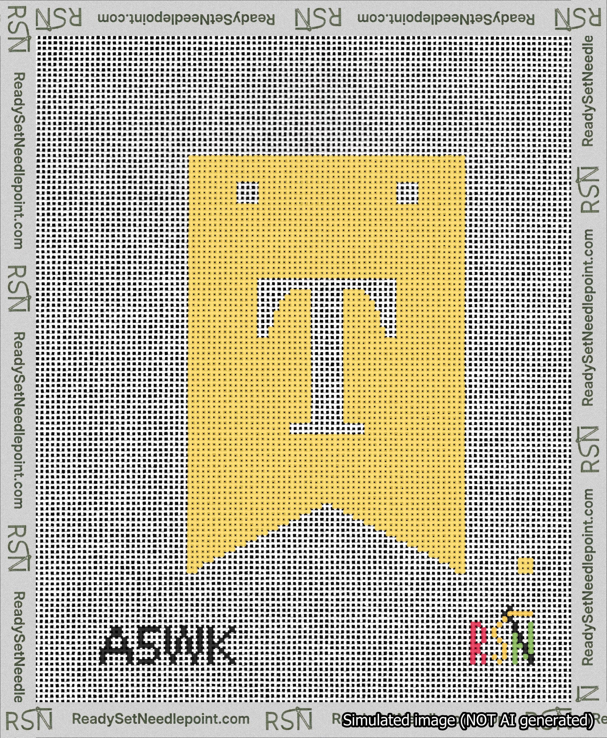 A taped needlepoint canvas with the design: Banner 13 mesh count Forked T White on Yellow.
