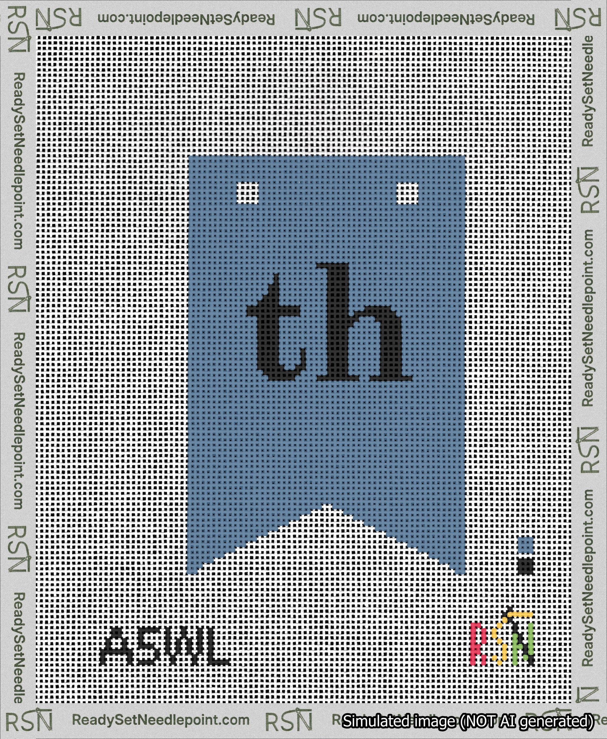 A taped needlepoint canvas with the design: Banner 13 mesh count Forked th Black on Blue.