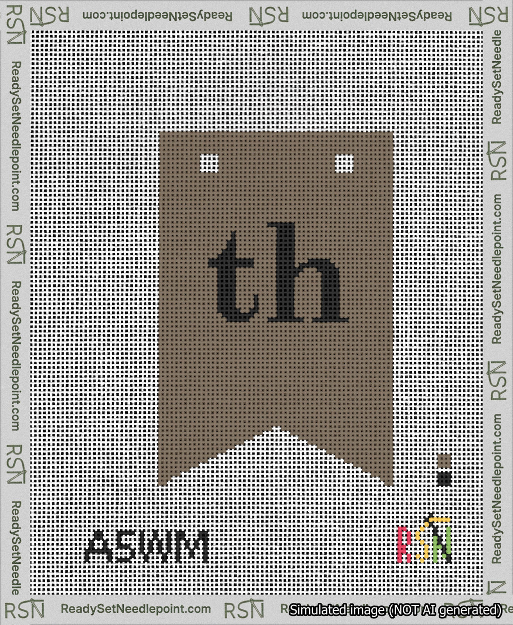 A taped needlepoint canvas with the design: Banner 13 mesh count Forked th Black on Brown.