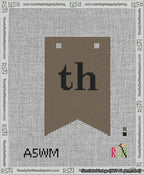 A taped needlepoint canvas with the design: Banner 13 mesh count Forked th Black on Brown.