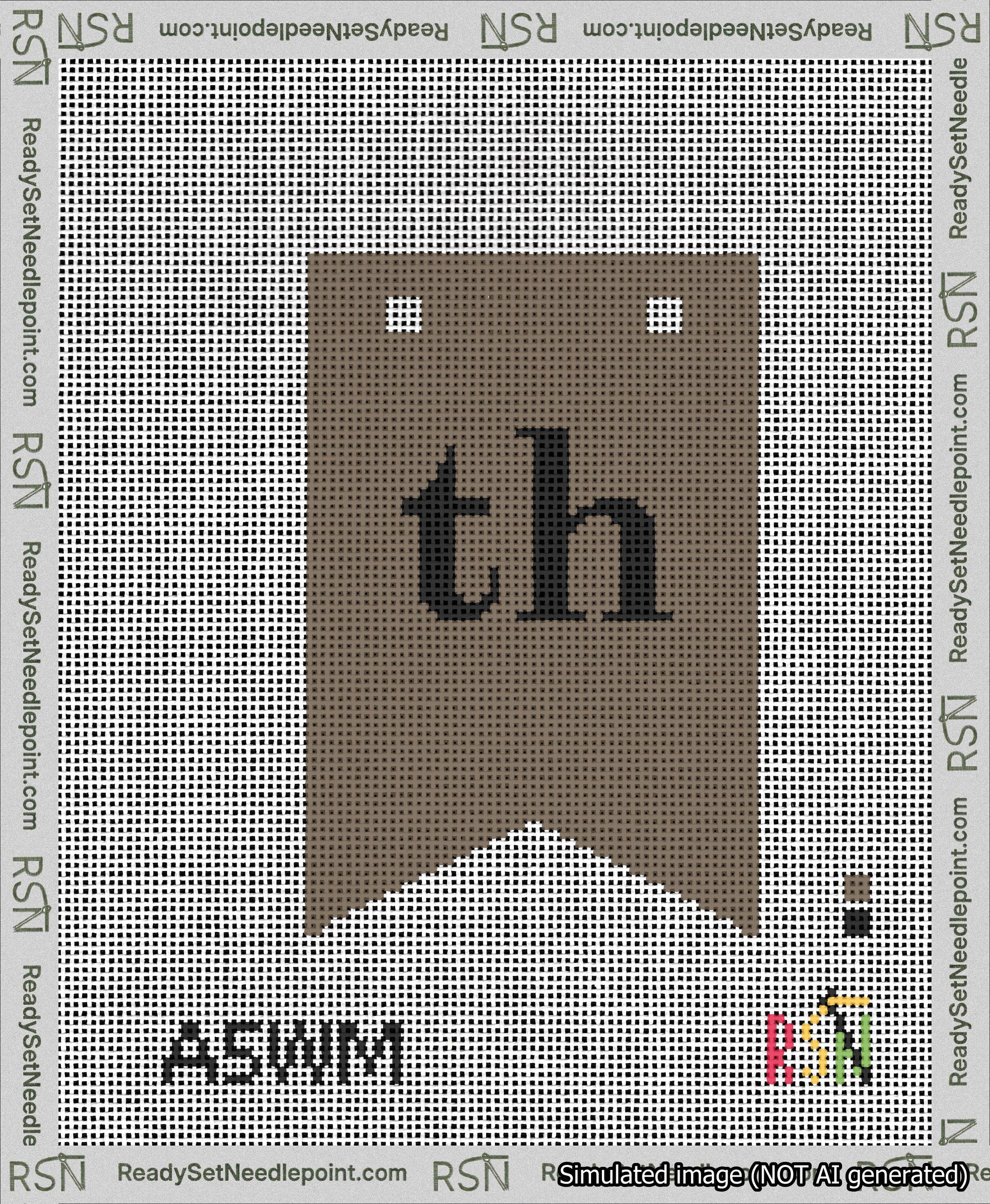 A taped needlepoint canvas with the design: Banner 13 mesh count Forked th Black on Brown.