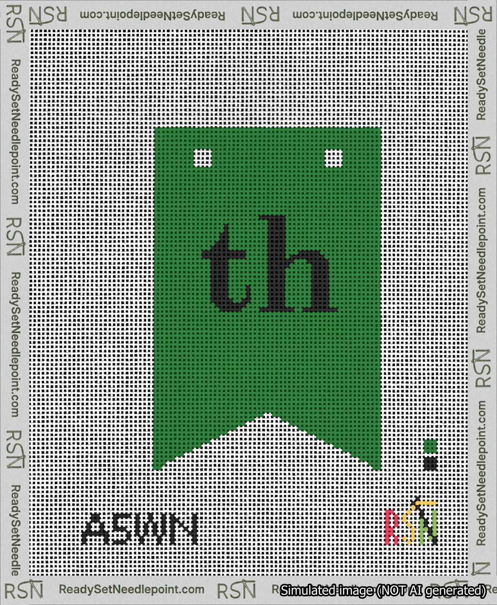 A taped needlepoint canvas with the design: Banner 13 mesh count Forked th Black on Green.