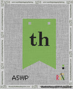 A taped needlepoint canvas with the design: Banner 13 mesh count Forked th Black on Light Green.