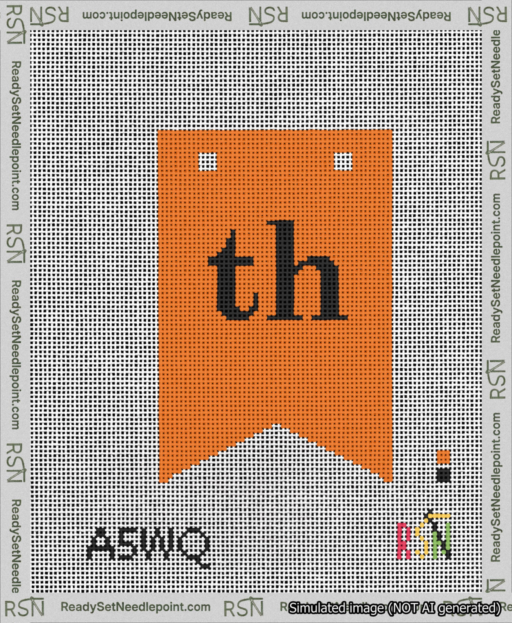 A taped needlepoint canvas with the design: Banner 13 mesh count Forked th Black on Orange.