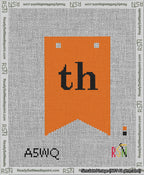 A taped needlepoint canvas with the design: Banner 13 mesh count Forked th Black on Orange.