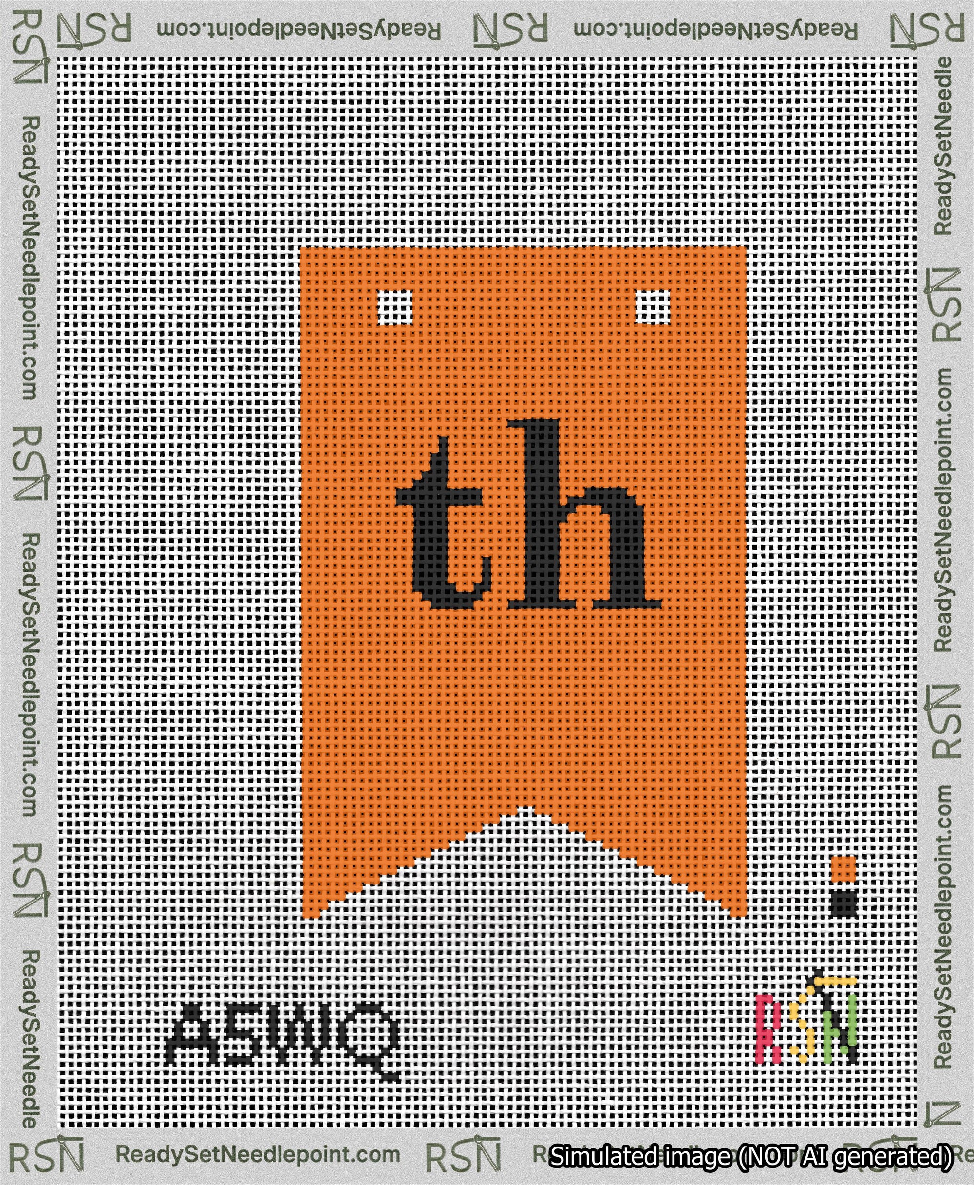 A taped needlepoint canvas with the design: Banner 13 mesh count Forked th Black on Orange.