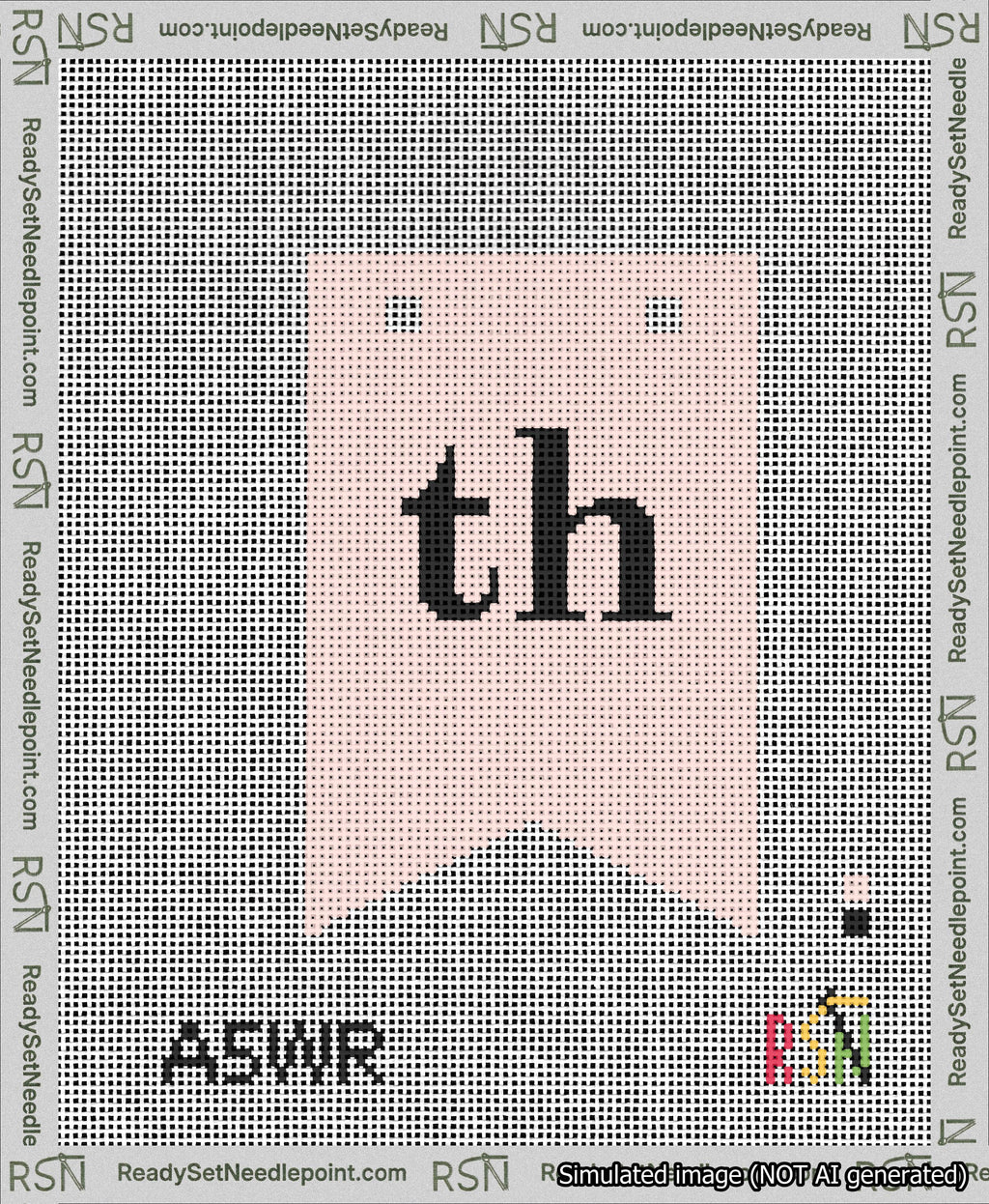 A taped needlepoint canvas with the design: Banner 13 mesh count Forked th Black on Pink.