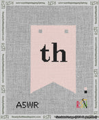 A taped needlepoint canvas with the design: Banner 13 mesh count Forked th Black on Pink.