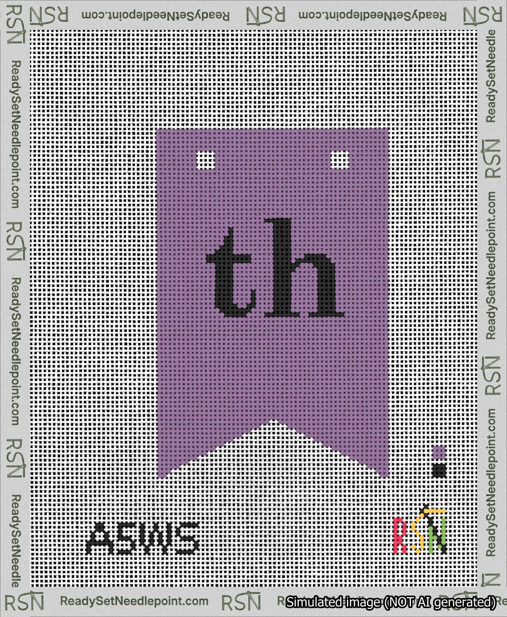 A taped needlepoint canvas with the design: Banner 13 mesh count Forked th Black on Purple.
