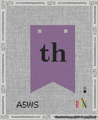 A taped needlepoint canvas with the design: Banner 13 mesh count Forked th Black on Purple.