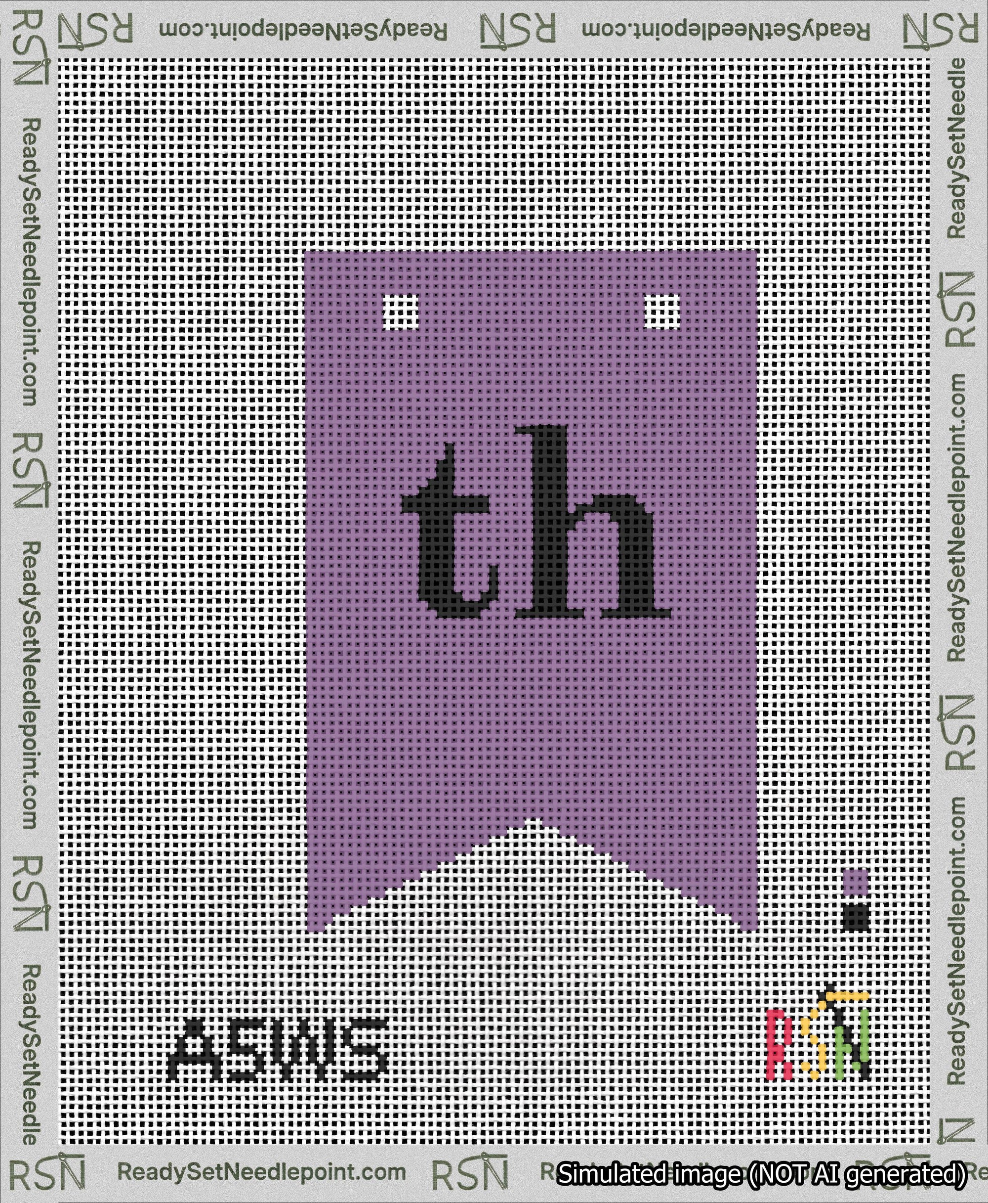 A taped needlepoint canvas with the design: Banner 13 mesh count Forked th Black on Purple.