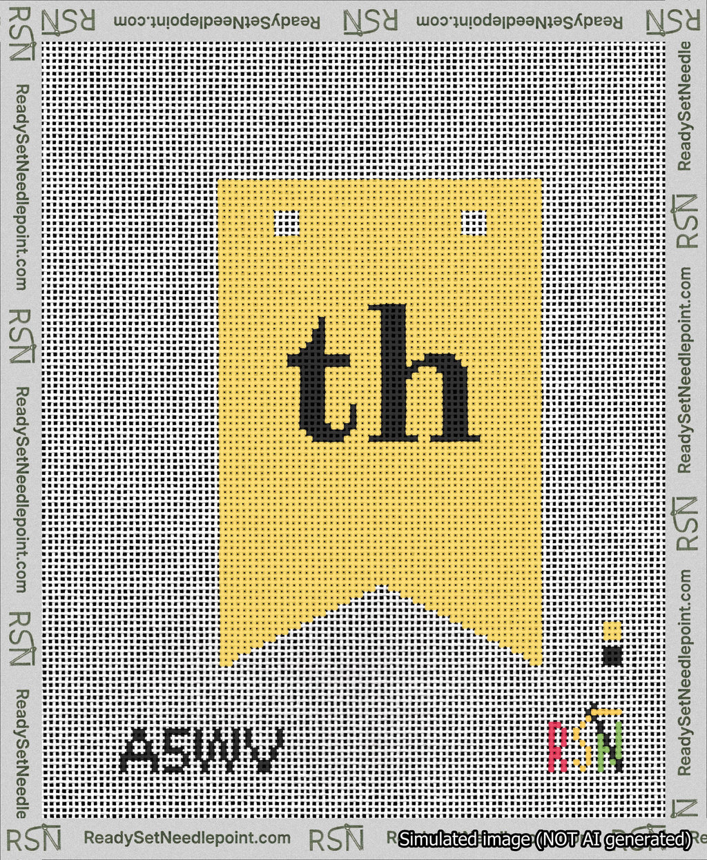 A taped needlepoint canvas with the design: Banner 13 mesh count Forked th Black on Yellow.