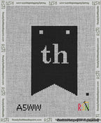 A taped needlepoint canvas with the design: Banner 13 mesh count Forked th White on Black.