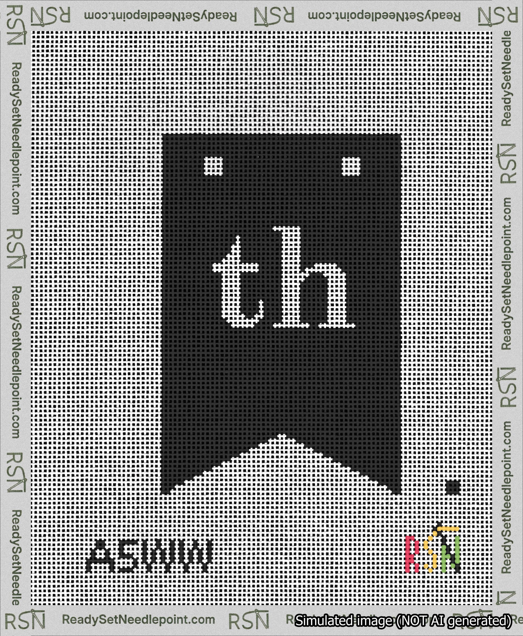 A taped needlepoint canvas with the design: Banner 13 mesh count Forked th White on Black.
