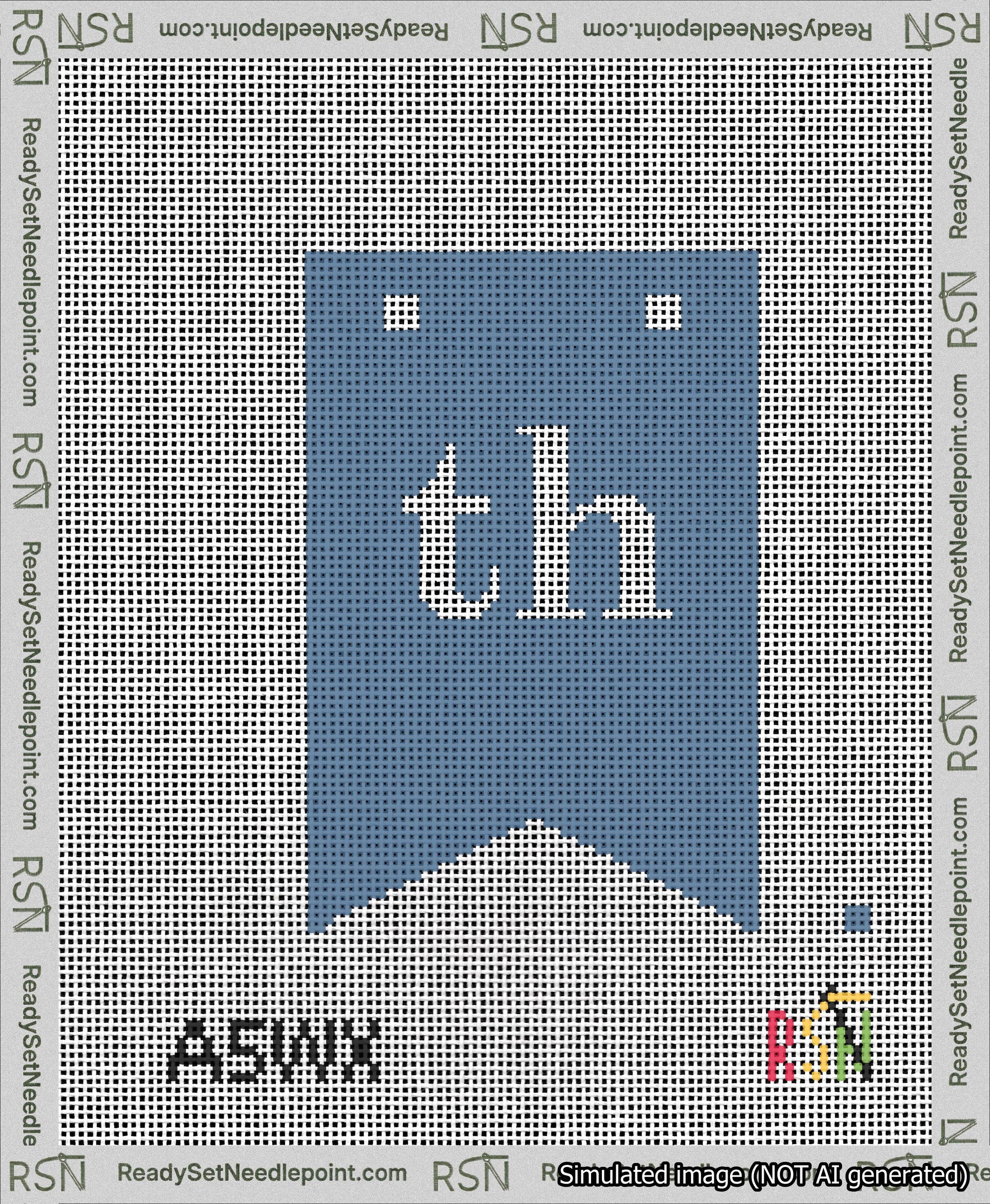 A taped needlepoint canvas with the design: Banner 13 mesh count Forked th White on Blue.