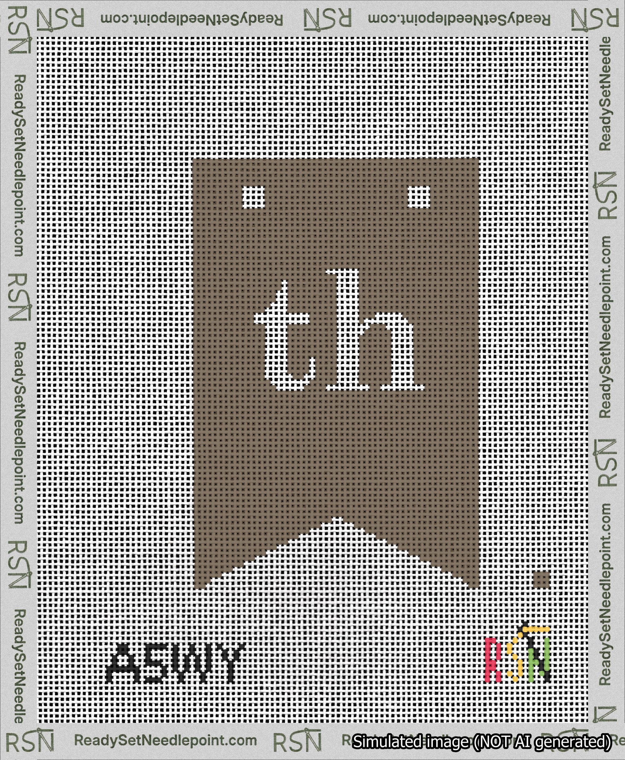 A taped needlepoint canvas with the design: Banner 13 mesh count Forked th White on Brown.