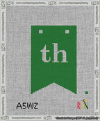 A taped needlepoint canvas with the design: Banner 13 mesh count Forked th White on Green.